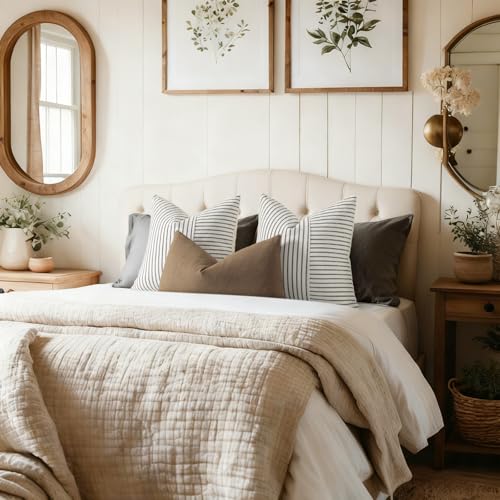 YCOLL Farmhouse Pillow Covers 18x18, Modern Accent Square Throw Pillow Covers Set of 2, Black and Beige Striped Patchwork Linen Decorative Pillows Cushion Covers for Couch Chair Bedroom Fall Decorations - Image 4