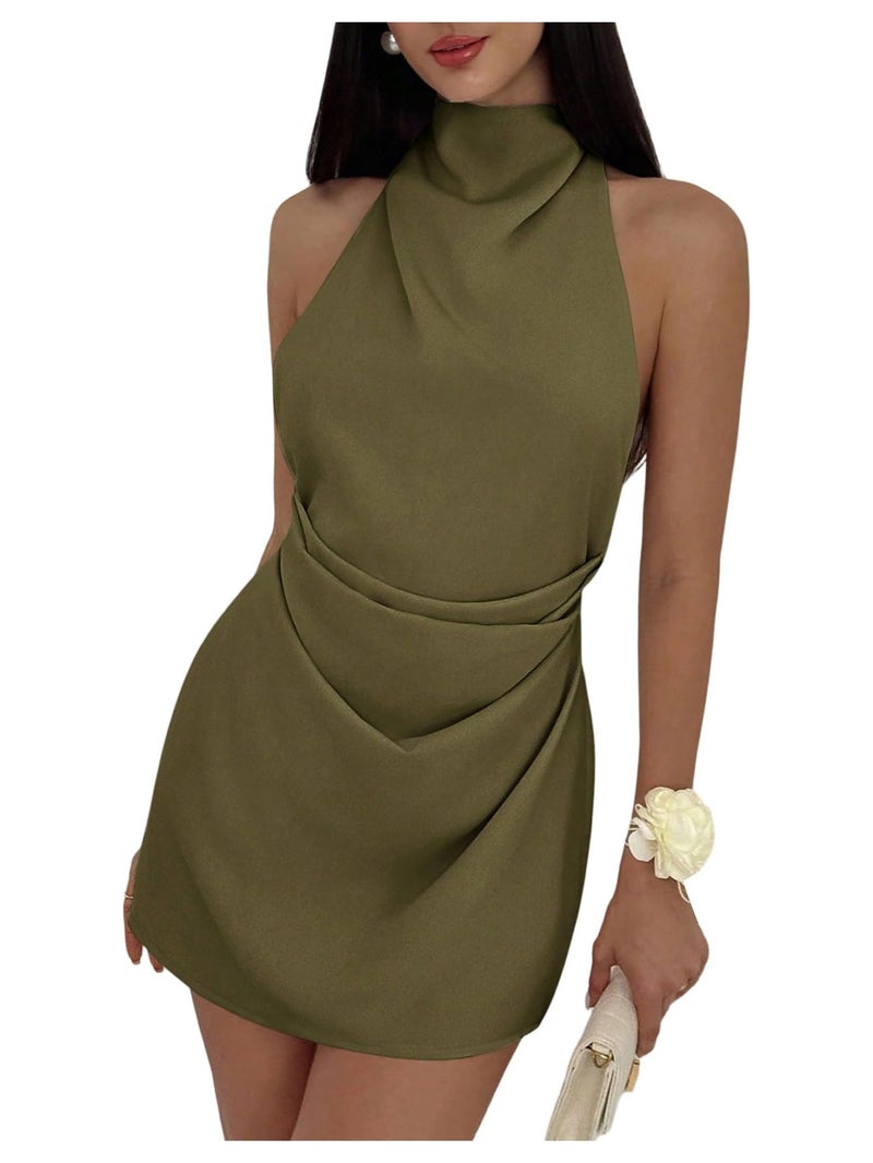 Floerns Women's Ruched Cowl Neck Halter Mini Dress Tie Backless Night Out Dresses Army Green Medium - Image 1
