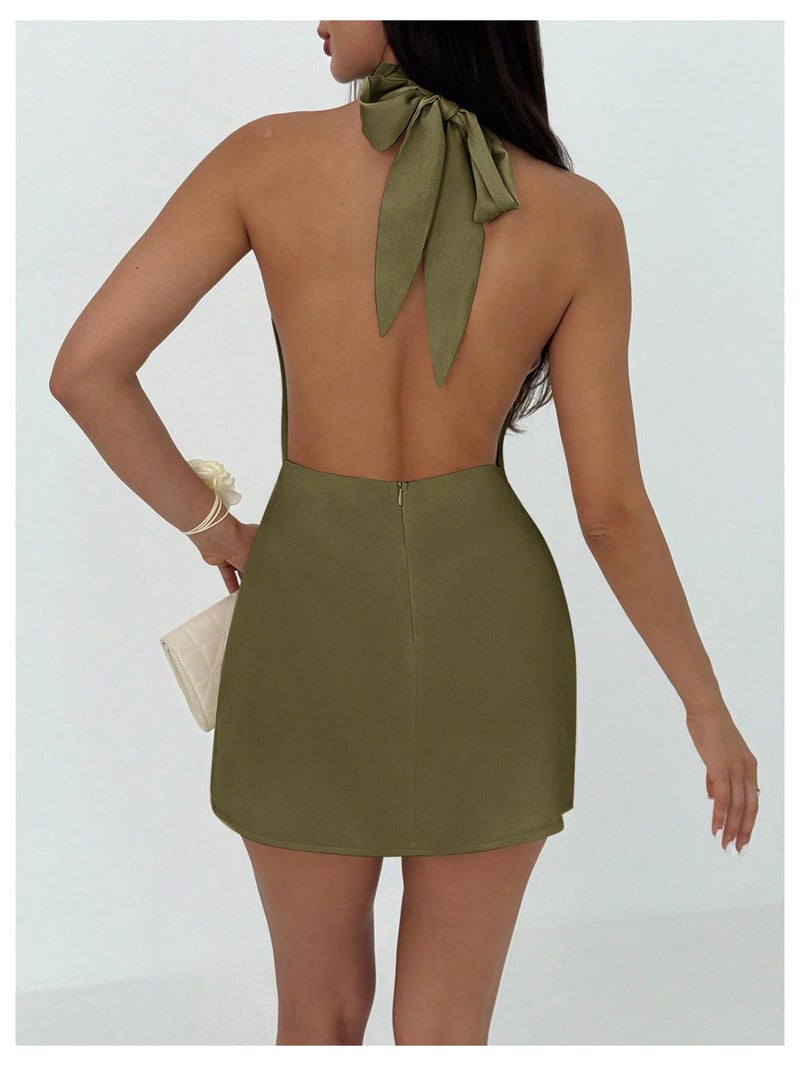 Floerns Women's Ruched Cowl Neck Halter Mini Dress Tie Backless Night Out Dresses Army Green Medium - Image 3