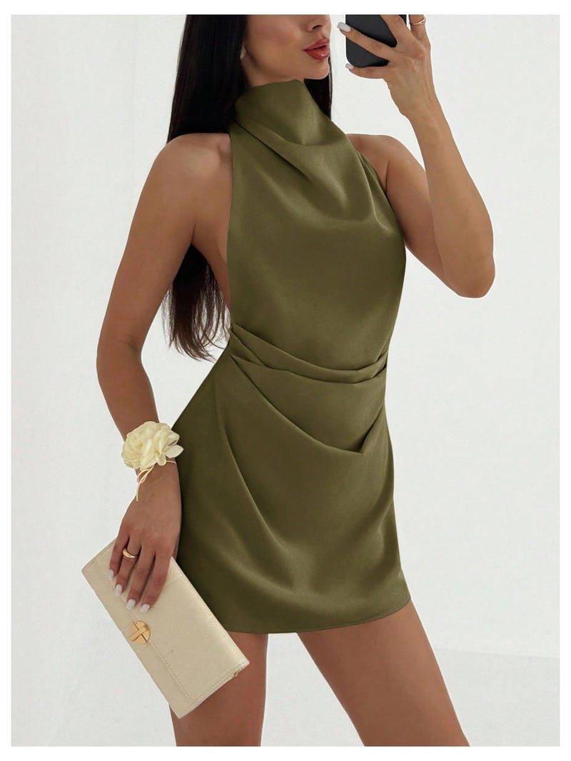 Floerns Women's Ruched Cowl Neck Halter Mini Dress Tie Backless Night Out Dresses Army Green Medium - Image 2