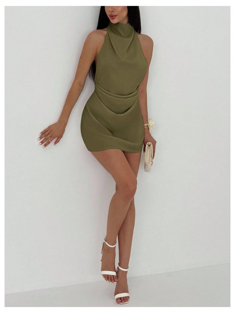 Floerns Women's Ruched Cowl Neck Halter Mini Dress Tie Backless Night Out Dresses Army Green Medium - Image 5