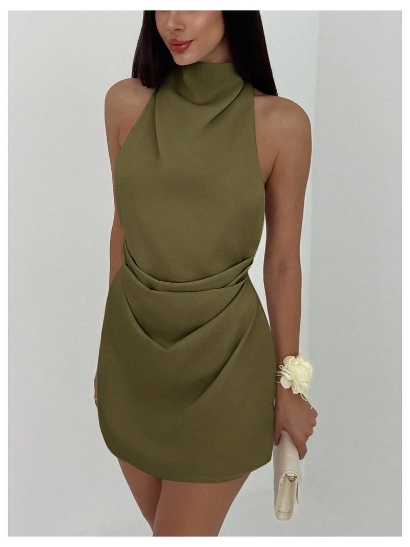 Floerns Women's Ruched Cowl Neck Halter Mini Dress Tie Backless Night Out Dresses Army Green Medium - Image 4