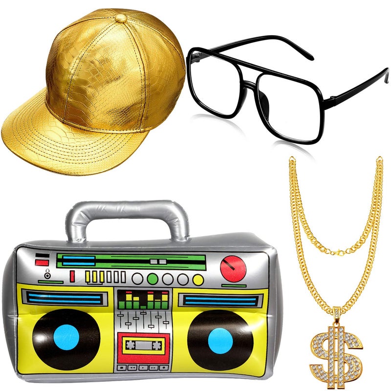 meekoo Hip Hop Costume Kit Inflatable Boom Box Gold Baseball Cap Sunglasses Gold Chain 80s/ 90s Rapper Accessories - Image 1
