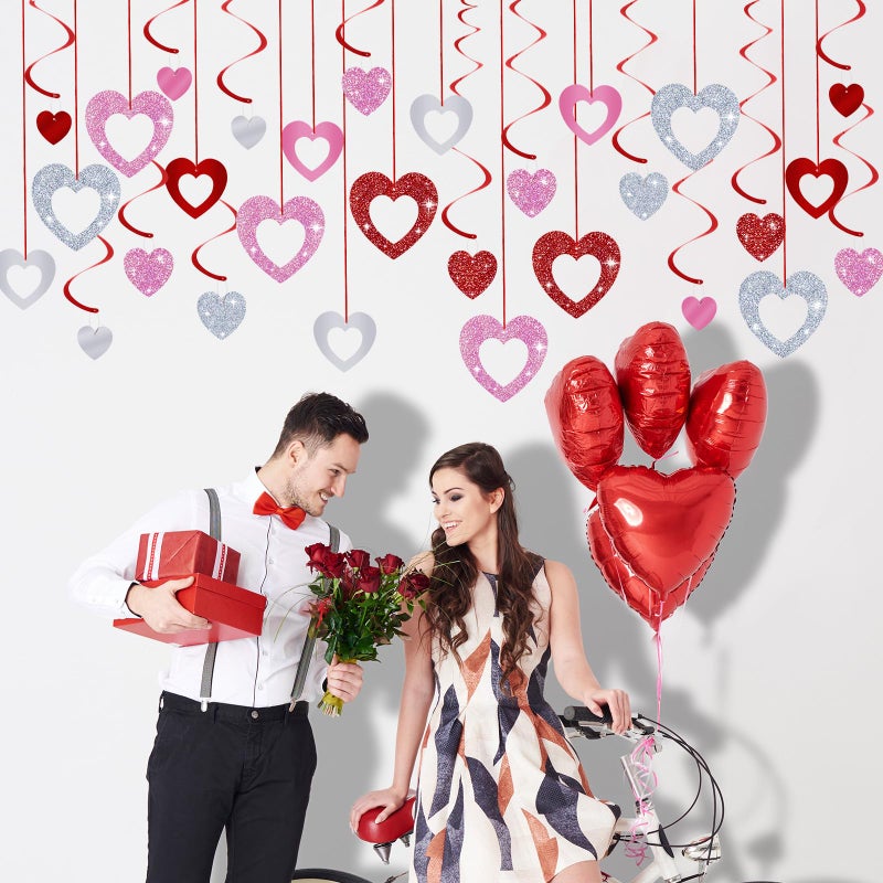 MARFOREVER 48 Pcs Valentine's Day Decorations Glitter Valentines Heart Garland Ornament Red Pink Silver Heart Hanging Swirls Ceiling Decorations for Valentines Day Galentines Day Party Supplies - Image 5