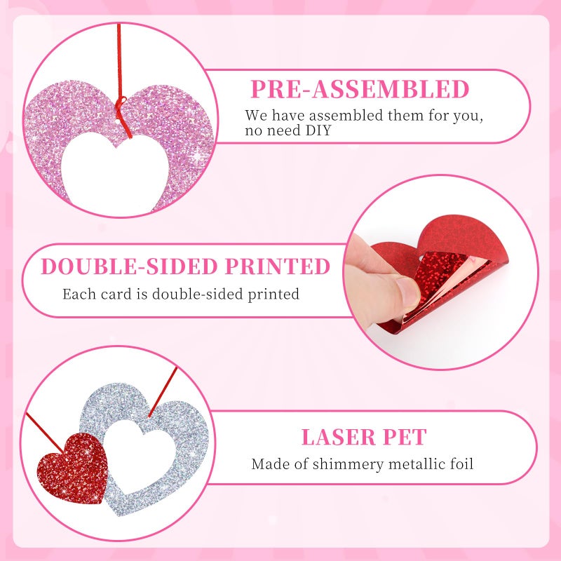 MARFOREVER 48 Pcs Valentine's Day Decorations Glitter Valentines Heart Garland Ornament Red Pink Silver Heart Hanging Swirls Ceiling Decorations for Valentines Day Galentines Day Party Supplies - Image 2