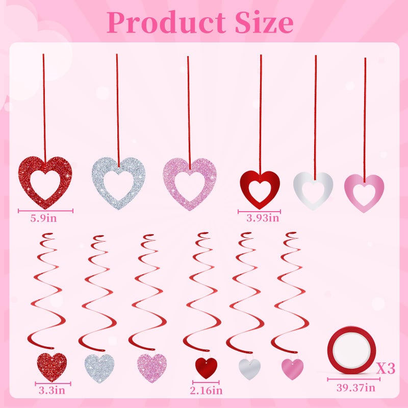 MARFOREVER 48 Pcs Valentine's Day Decorations Glitter Valentines Heart Garland Ornament Red Pink Silver Heart Hanging Swirls Ceiling Decorations for Valentines Day Galentines Day Party Supplies - Image 3