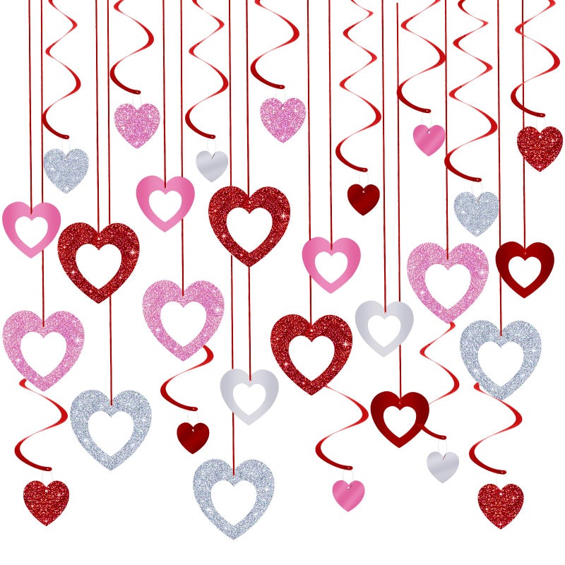 MARFOREVER 48 Pcs Valentine's Day Decorations Glitter Valentines Heart Garland Ornament Red Pink Silver Heart Hanging Swirls Ceiling Decorations for Valentines Day Galentines Day Party Supplies - Image 1