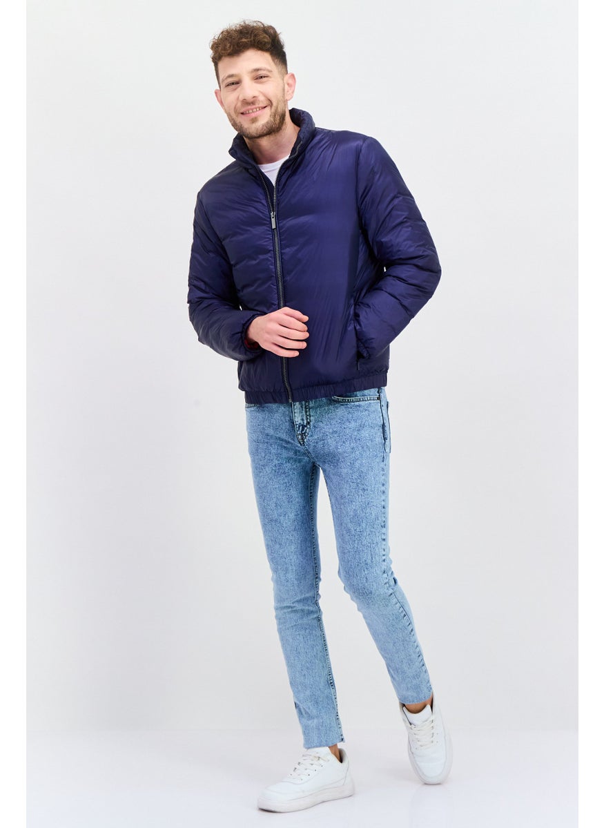 Selected Homme - Men Checkered Puffer Jacket, Blue - Image 1