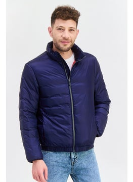 Men Checkered Puffer Jacket, Blue