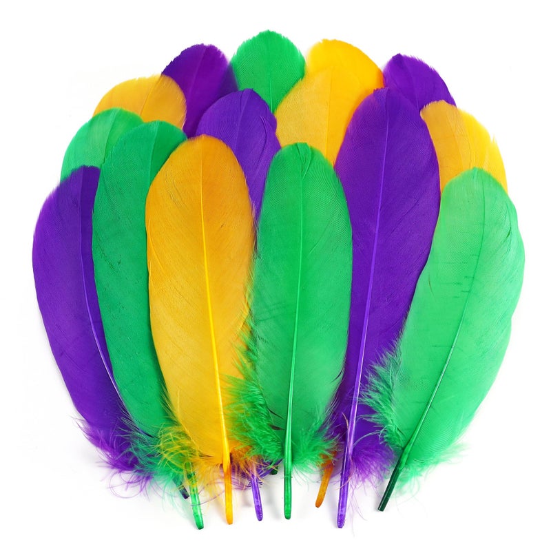Holmgren Mardi Gras Craft Feathers Bulk - 200pcs 5-6inch Big Goose Feathers for Mardi Gras Decoration Carnival Masquerade Party Costume Decoration (Mardi Gras) - Image 1