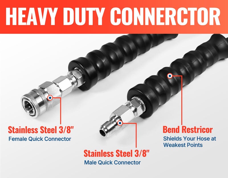 YAMATIC 3/8" Pressure Washer Hose 50FT with Stainless Steel Quick Connector, 5000PSI Rubber Power Washer Replacement Hose, Steel Wire Braided, Compatible with Simpson, Craftsman, Champion - Image 3