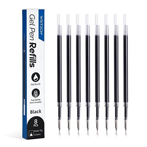 Writech Liquid Gel Pen Refills: Fine Point 0.5mm Black Ink Twin-Ball Nib Refill Multi-Compatible with Retractable Click Pens Quick Dry Smooth No Smear Smudge for Writing Sketching & Taking Notes 8ct - Image 1