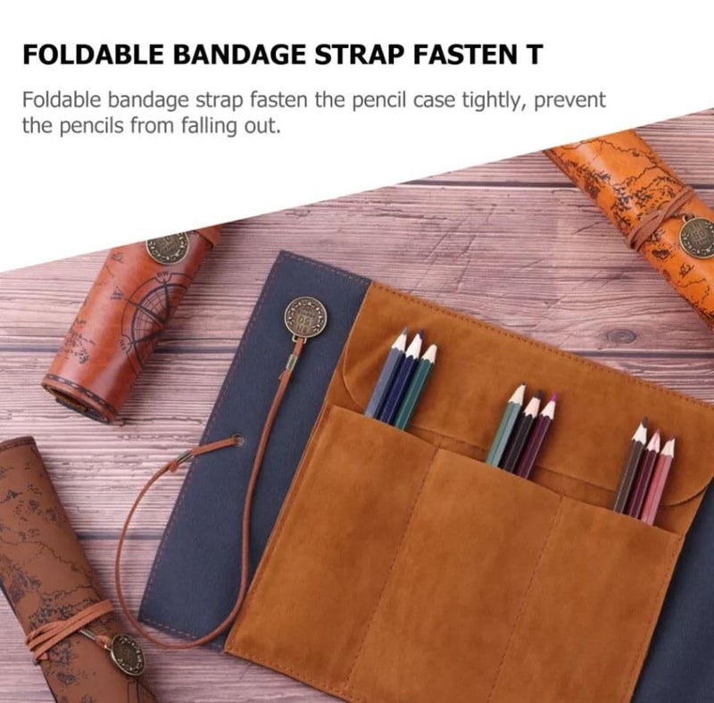 Azelf Treasure Map Leather Retro Pencil Pouch Roll Pen Case Large Capacity Stationery Bag with Secure Strap Vintage Canvas and Leather Cosmetic Bag for Students Artists Writers Travel and Daily Use - Image 3