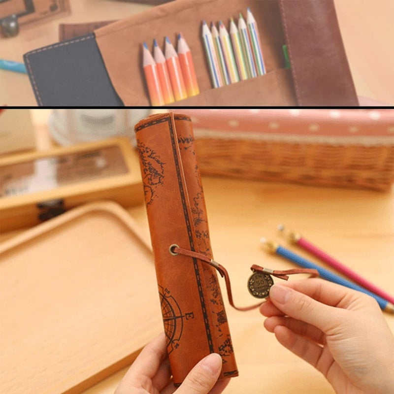 Azelf Treasure Map Leather Retro Pencil Pouch Roll Pen Case Large Capacity Stationery Bag with Secure Strap Vintage Canvas and Leather Cosmetic Bag for Students Artists Writers Travel and Daily Use - Image 2