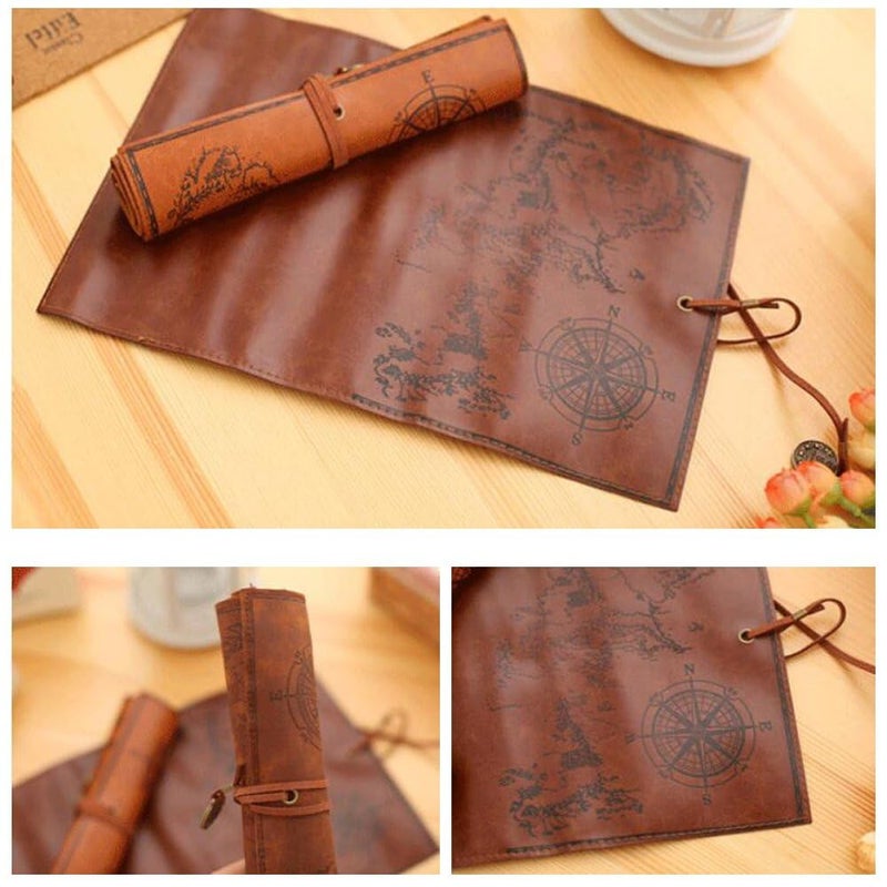 Azelf Treasure Map Leather Retro Pencil Pouch Roll Pen Case Large Capacity Stationery Bag with Secure Strap Vintage Canvas and Leather Cosmetic Bag for Students Artists Writers Travel and Daily Use - Image 5