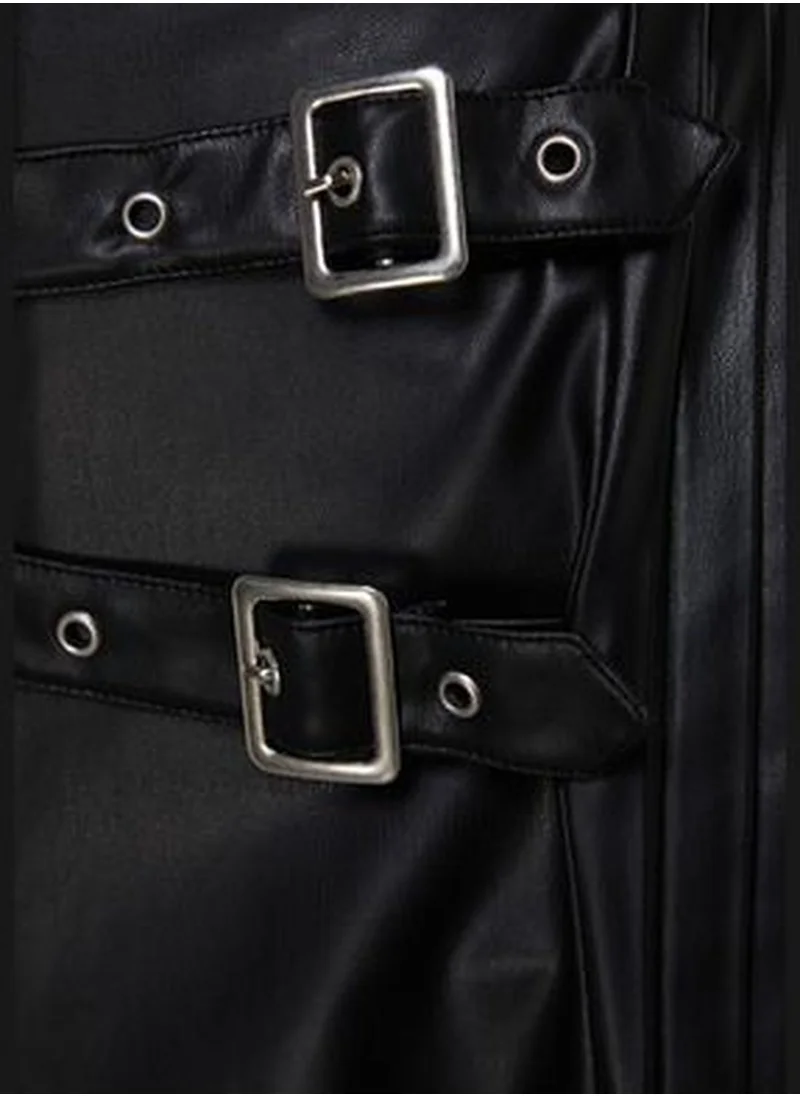trendyol Black Plain A-line Faux Leather Weave Plus Size Skirt TBBAW24AZ00046
