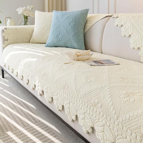 XSlive Cotton Quilted Dog Couch Cover for Sofa Farmhouse Rustic Embroidery Sectional Couch Cover Soft AntiSlip Sofa Slipcover Furniture Protector for Kids Pets Ivory28x28 - Image 1