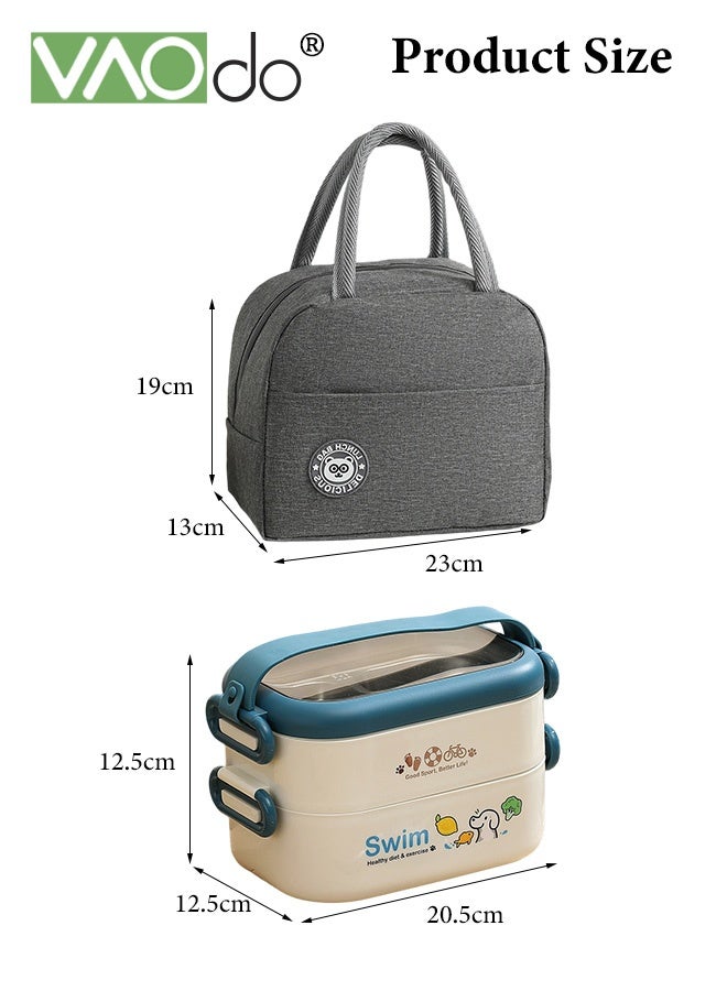 فاو دو 2 قطعة صندوق غداء سعة 1200 مللي مع حقيبة غداء، صندوق بينتو من الفولاذ المقاوم للصدأ 304، صندوق غداء مكدس من طبقتين مانع للتسرب، مع صندوق غداء أدوات مائدة، علبة طعام خالية من مادة BPA مع طقم أدوات مائدة أزرق 20.5 * 12.5 * 12.5 سم - Image 3