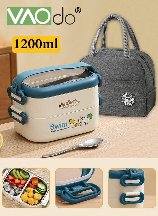 فاو دو 2 قطعة صندوق غداء سعة 1200 مللي مع حقيبة غداء، صندوق بينتو من الفولاذ المقاوم للصدأ 304، صندوق غداء مكدس من طبقتين مانع للتسرب، مع صندوق غداء أدوات مائدة، علبة طعام خالية من مادة BPA مع طقم أدوات مائدة أزرق 20.5 * 12.5 * 12.5 سم - Image 1