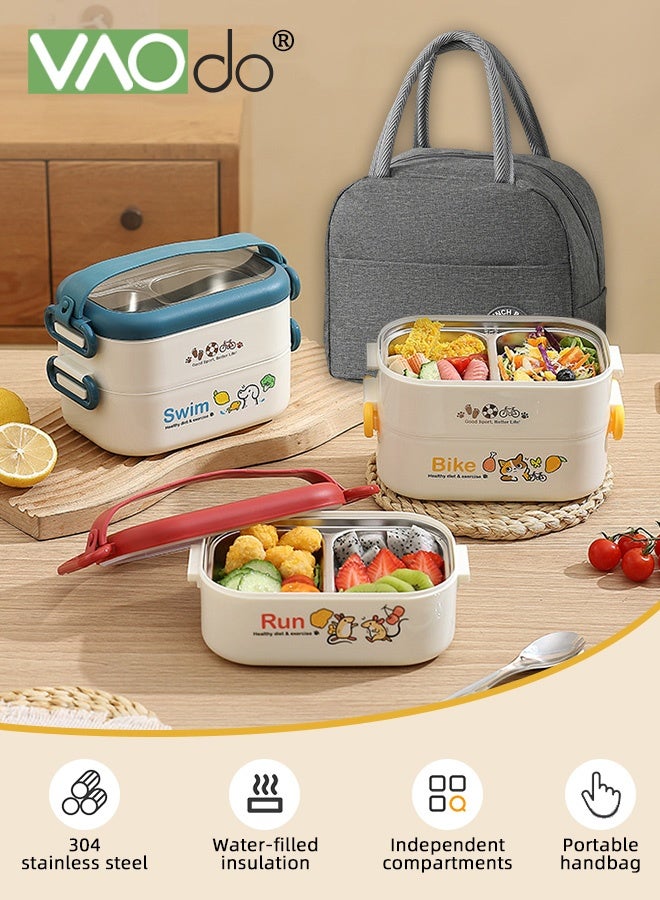 فاو دو 2 قطعة صندوق غداء سعة 1200 مللي مع حقيبة غداء، صندوق بينتو من الفولاذ المقاوم للصدأ 304، صندوق غداء مكدس من طبقتين مانع للتسرب، مع صندوق غداء أدوات مائدة، علبة طعام خالية من مادة BPA مع طقم أدوات مائدة أزرق 20.5 * 12.5 * 12.5 سم - Image 2