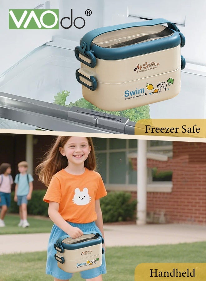 فاو دو 2 قطعة صندوق غداء سعة 1200 مللي مع حقيبة غداء، صندوق بينتو من الفولاذ المقاوم للصدأ 304، صندوق غداء مكدس من طبقتين مانع للتسرب، مع صندوق غداء أدوات مائدة، علبة طعام خالية من مادة BPA مع طقم أدوات مائدة أزرق 20.5 * 12.5 * 12.5 سم - Image 5