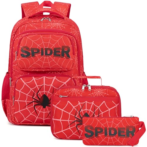 JIANYA Kids Backpack for School Boys, Spider School Bag for Elementary Kids Children 3pcs Boys Backpack with Lunch Box & Pencil Case, Red - Image 1