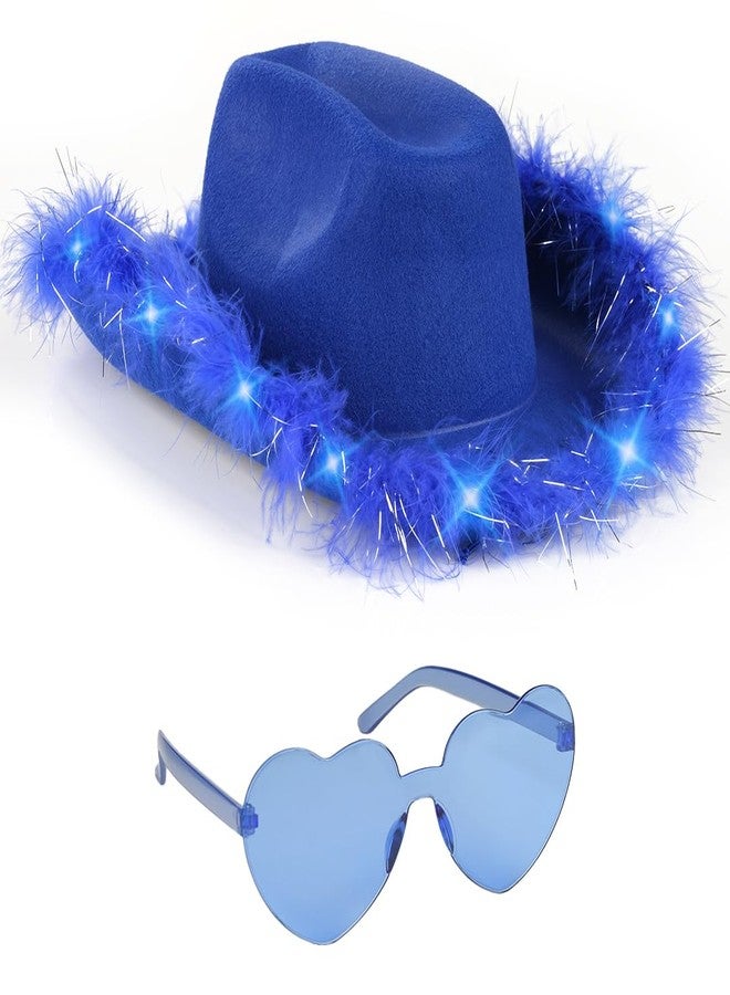 Funcredible Blue Cowboy Hat and Glasses – Light Up Cowgirl Costume Accessories for Women – Feathered Halloween & Festival Headwear - Image 1