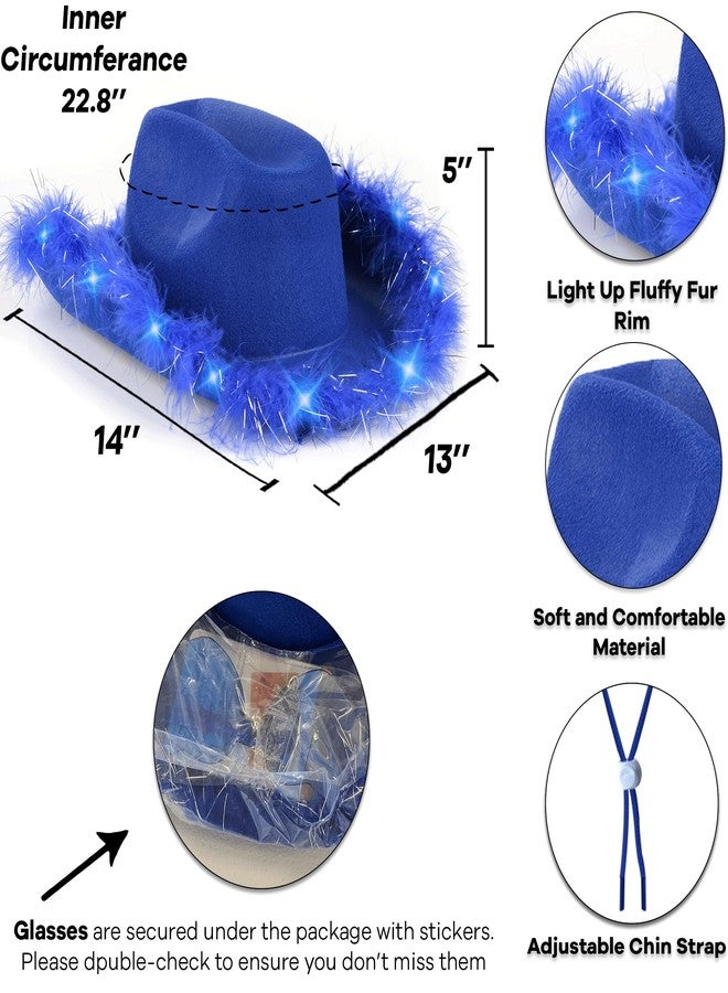 Funcredible Blue Cowboy Hat and Glasses – Light Up Cowgirl Costume Accessories for Women – Feathered Halloween & Festival Headwear - Image 2
