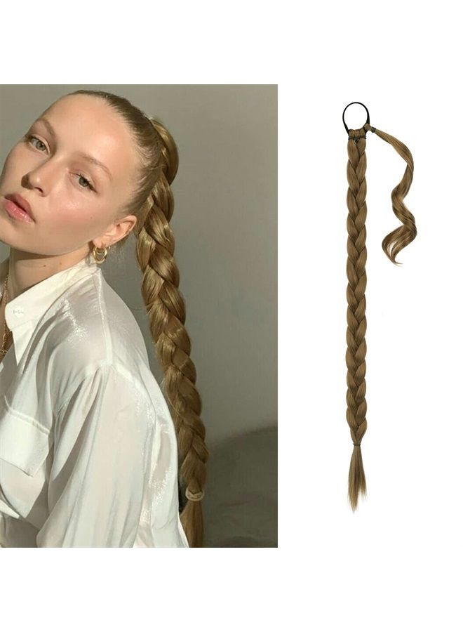 BARSDAR 34 Inch Long Braided Ponytail Extension with Hair Tie Straight Wrap Around Hair Extensions Pony Tail DIY Natural Soft Synthetic Hair Piece for Women Girls-Light Golden Brown mix Blonde - Image 1