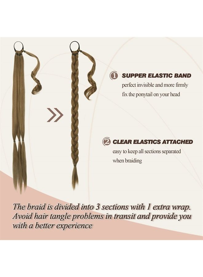 BARSDAR 34 Inch Long Braided Ponytail Extension with Hair Tie Straight Wrap Around Hair Extensions Pony Tail DIY Natural Soft Synthetic Hair Piece for Women Girls-Light Golden Brown mix Blonde - Image 2