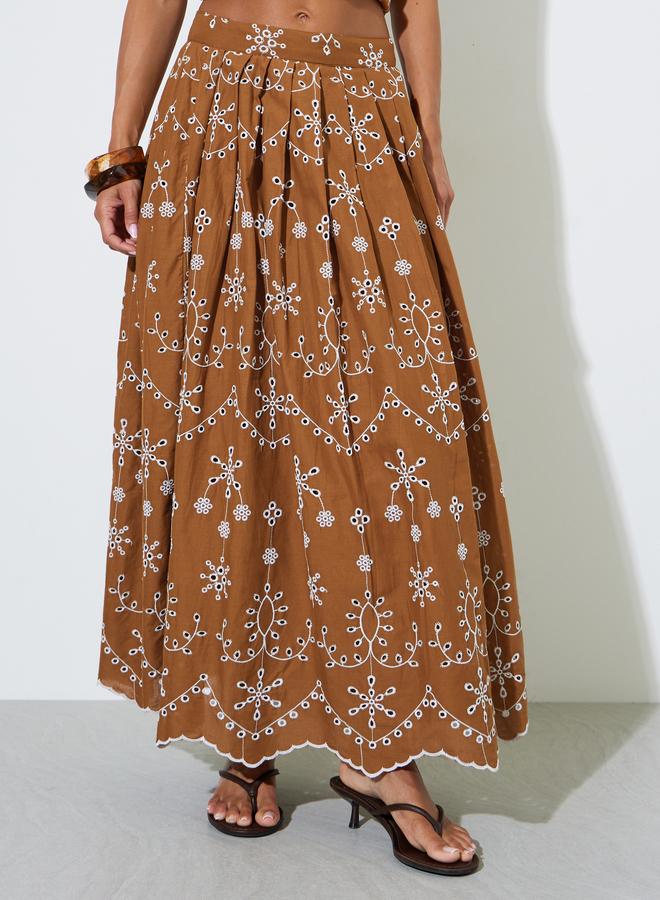 Styli Brown Schiffli Details A-Line Maxi Skirt - Image 1