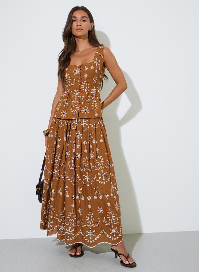 Styli Brown Schiffli Details A-Line Maxi Skirt - Image 2