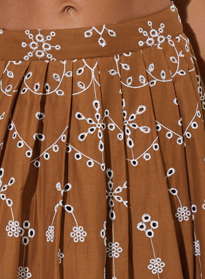Styli Brown Schiffli Details A-Line Maxi Skirt - Image 3