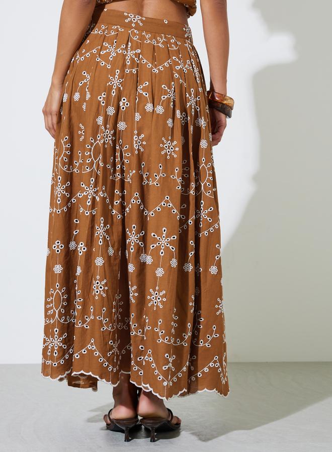 Styli Brown Schiffli Details A-Line Maxi Skirt - Image 4