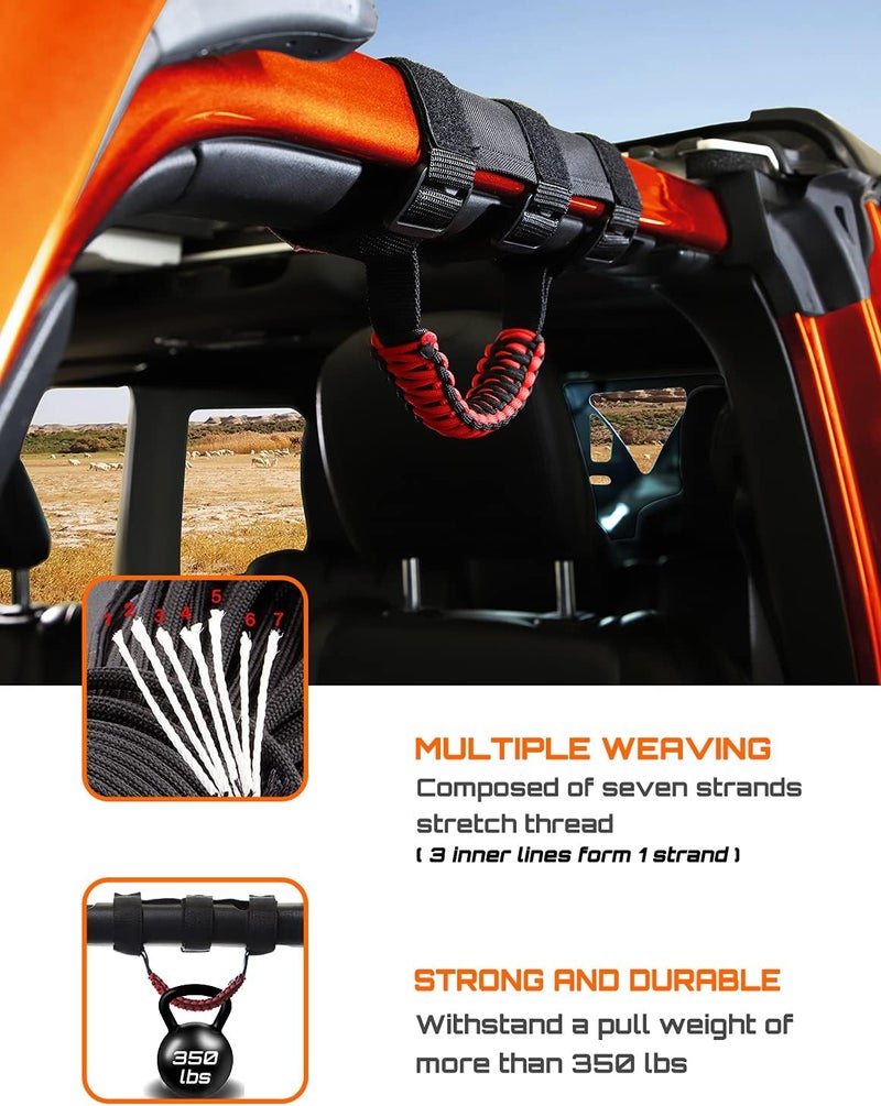 Savadicar 2 x Roll Bar Grab Handles Grip Handle for Jeep Wrangler YJ TJ JK JKU JL JLU & Gladiator JT 1987-2023, Interior Accessories, Black & Red - Image 3