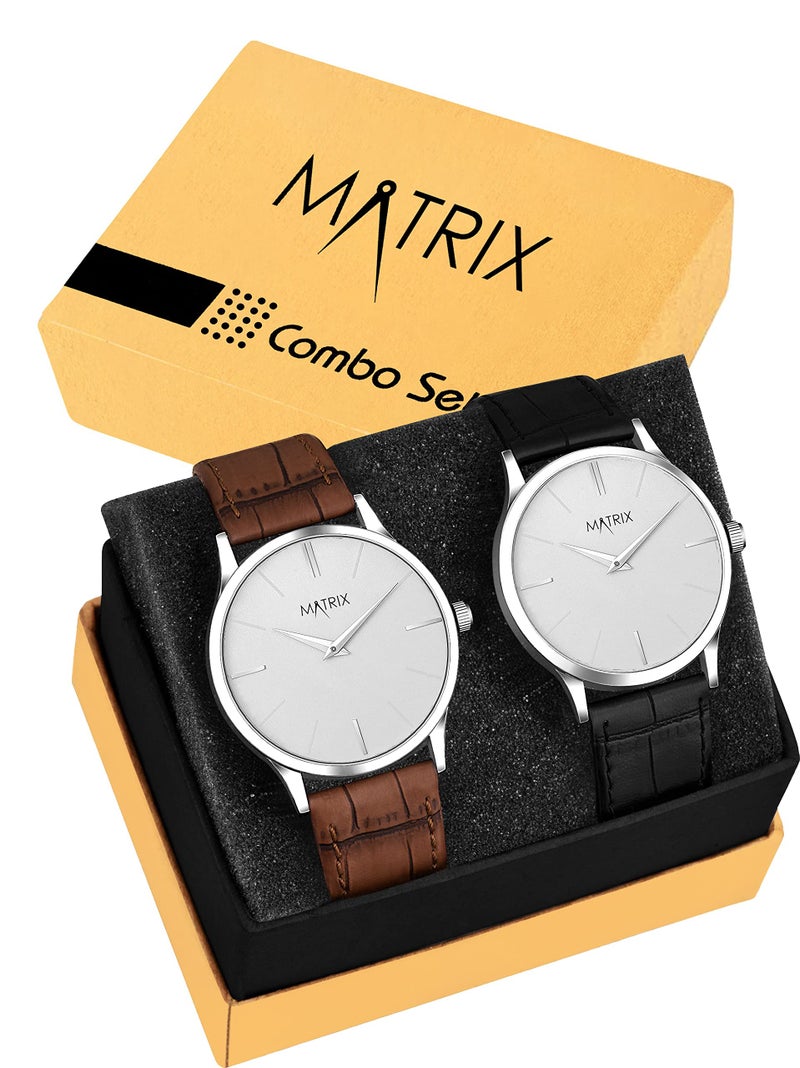 Matrix Leather Boy Duet Signature Cut Glass Analog Wrist Watch (Pack Of 2) (White - White) - Image 2