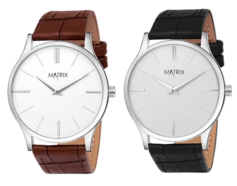 Matrix Leather Boy Duet Signature Cut Glass Analog Wrist Watch (Pack Of 2) (White - White) - Image 1