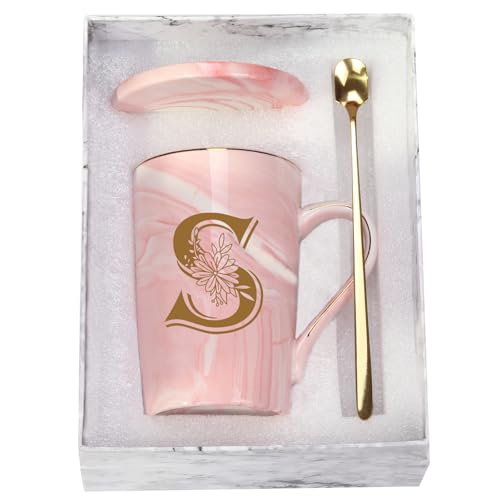 WENSSY Letter S Personalized Initial Mugs with Flower, Letter S Personalized Novelty Coffee Mug, Novelty Letter Coffee Mugs for Women, Bridal Shower Gifts, Women's Initials Gifts Coffee Mug 14 Ounce Pink - Image 1