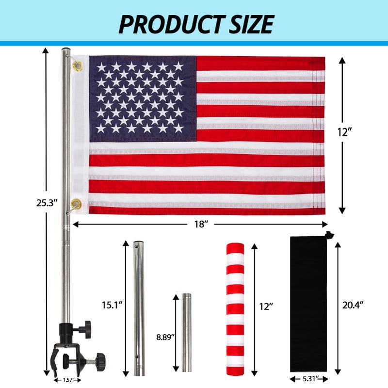 FLAGMESAGE American Boat Flag Pole Kits Marine 12"x18", Stainless Steel Boat Flag Pole with 1x Storage Bag, Adjustable Flagpole Holder with 50 Embroidered Stars American Flag Boat Accessories - Image 3