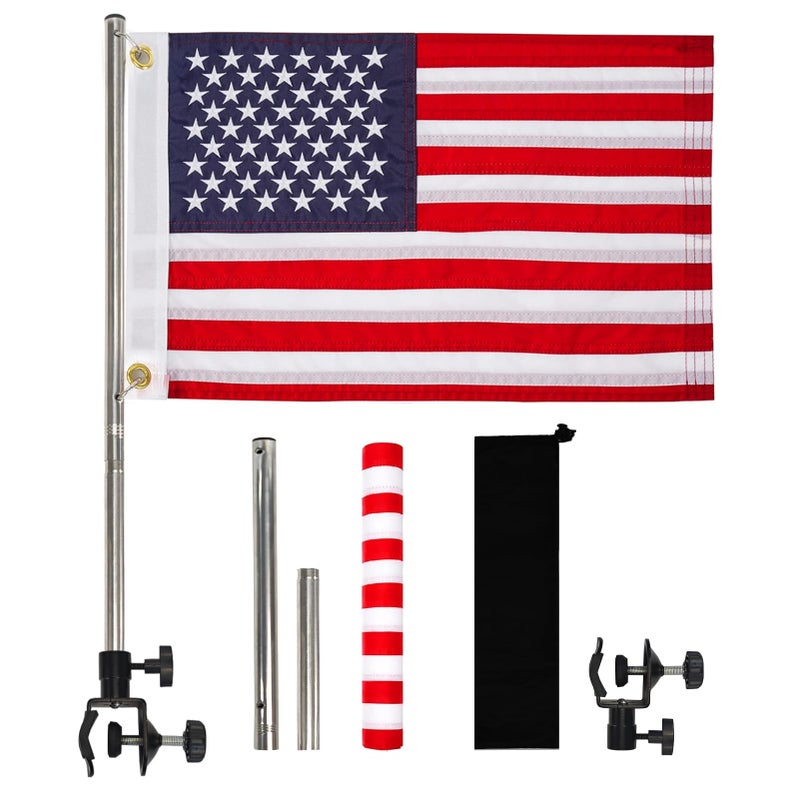 FLAGMESAGE American Boat Flag Pole Kits Marine 12"x18", Stainless Steel Boat Flag Pole with 1x Storage Bag, Adjustable Flagpole Holder with 50 Embroidered Stars American Flag Boat Accessories - Image 1