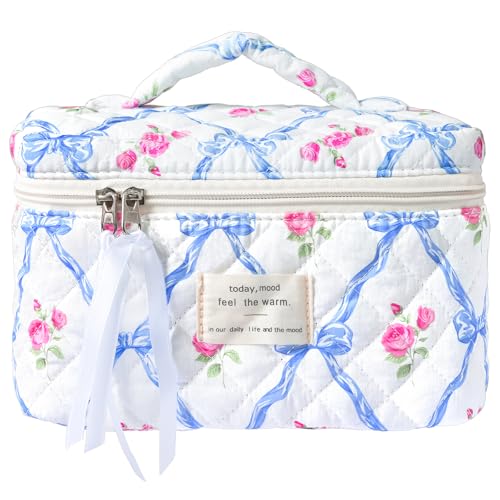Sminra Makeup Bag Large Travel Quilted Cosmetic Makeup Bag Organizer, Floral Cotton Coquette Aesthetic Toiletry Bag for Women Girls (Blue Bow Flowers-L) - Image 1
