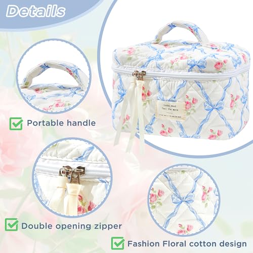 Sminra Makeup Bag Large Travel Quilted Cosmetic Makeup Bag Organizer, Floral Cotton Coquette Aesthetic Toiletry Bag for Women Girls (Blue Bow Flowers-L) - Image 4