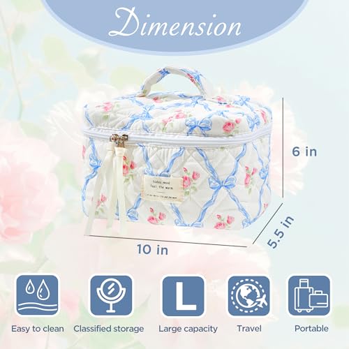 Sminra Makeup Bag Large Travel Quilted Cosmetic Makeup Bag Organizer, Floral Cotton Coquette Aesthetic Toiletry Bag for Women Girls (Blue Bow Flowers-L) - Image 3