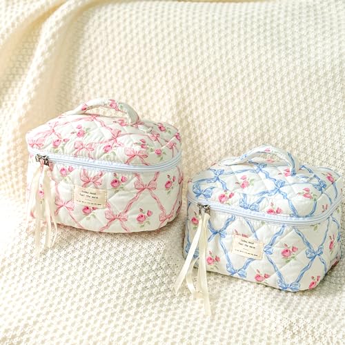 Sminra Makeup Bag Large Travel Quilted Cosmetic Makeup Bag Organizer, Floral Cotton Coquette Aesthetic Toiletry Bag for Women Girls (Blue Bow Flowers-L) - Image 5