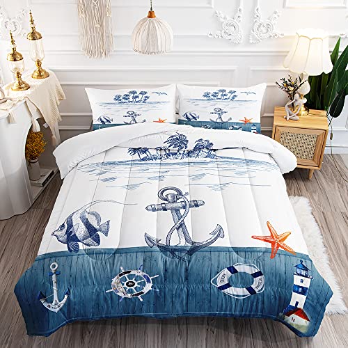 Suncloris Nautical Sailboat Comforter Set for Kids Adults Twin Size Anchor Rudder Themed Bedding Quilt Bedspreads with 2 Coastal Ocean Plant Pillowcases  68 x 86 Twin Dark Blue