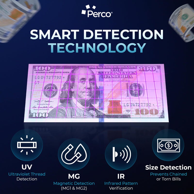 Perco Bill Counter and Counterfeit Detector Machine â€“ Money Counter Machine with UV/MG1/MG2/IR, Voice Alerts, Keypad, Add & Batch Modes, Volume Control, Multi-Currency (USD/EUR/INR), LCD Display - Image 3