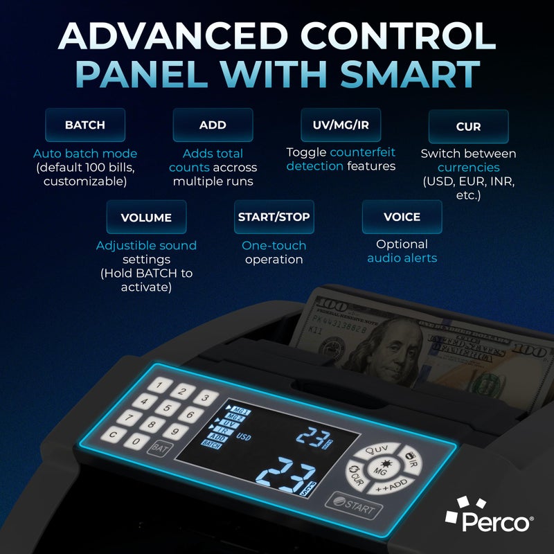 Perco Bill Counter and Counterfeit Detector Machine â€“ Money Counter Machine with UV/MG1/MG2/IR, Voice Alerts, Keypad, Add & Batch Modes, Volume Control, Multi-Currency (USD/EUR/INR), LCD Display - Image 2