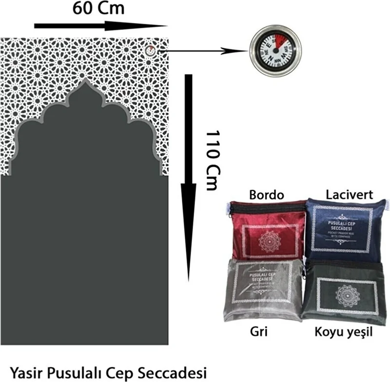 Berat Prayer Rug - Prayer Rug - Pocket Prayer Rug with Compass - Zippered Practical Bag - 1 Piece