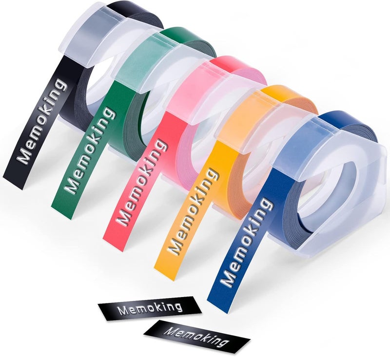 Memoking 3D E975 Embossed Label Tape 3/8"(9mm) - Plastic Self-Adhesive Embossing Label, Compatible with Phomemo, Dymo Omega, DYMO Junior, VolenGo Embossing Label Maker, Multicolor (5 Pack) - Image 1