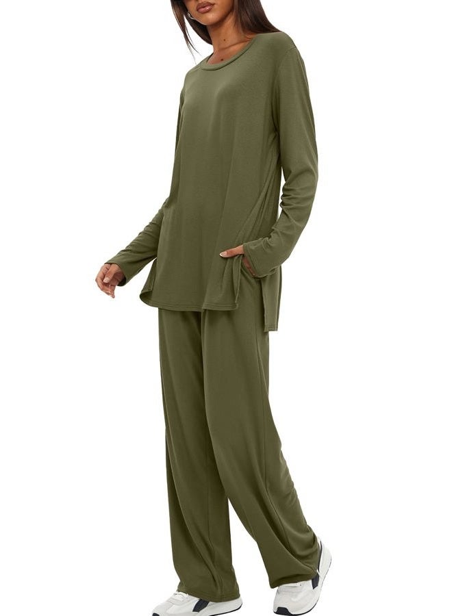 Darong Women's 2 Piece Lounge Set Casual Long Sleeve Crew Neck Tops Wide Leg Pants Travel Airport Outfit Matching Sets, Army Green(regular), L - Image 3